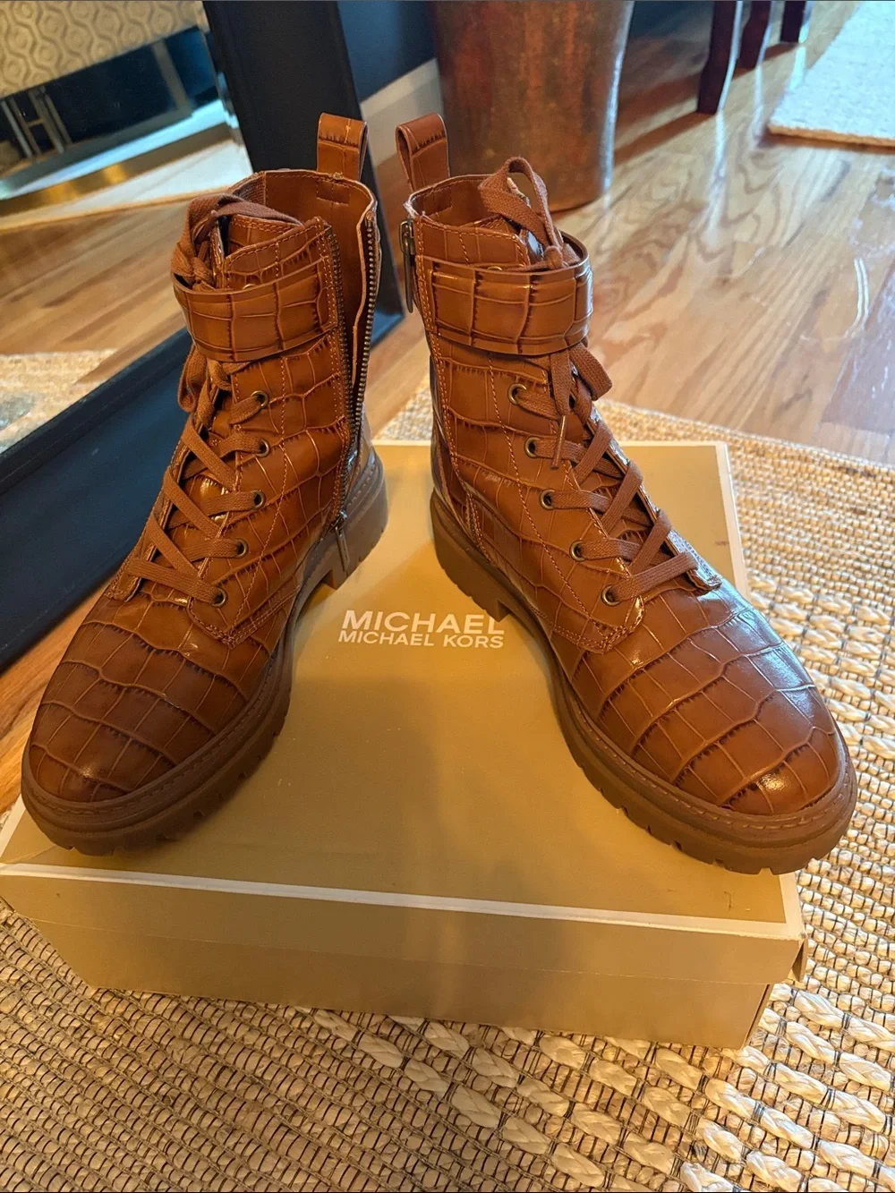 Michael Kors Men's Cognac Croc-Embossed Lace-Up Boots